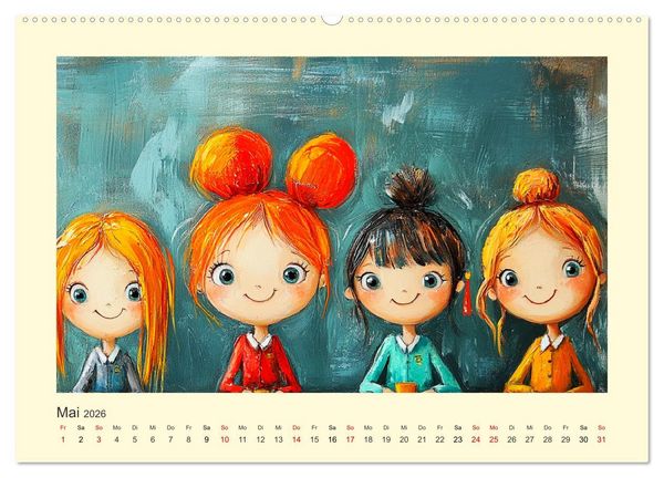 Produktbild: Fr&ouml;hliche Kinder. Bezaubernde Schulm&auml;dchen im &Ouml;lbilder-Stil (hochwertiger Premium Wandkalender 2026 DIN A2 quer), Kunstdruck in Hochglanz