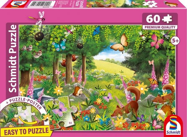 Schmidt 55779 - Füchse & Freunde, Easy to Puzzle, Kinderpuzzle mit Poster, 60 Teile