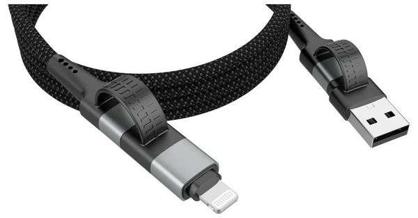 Produktbild: Ansmann USB-Kabel USB-A Stecker, USB-C&reg; Stecker, Apple Lightning Stecker 120 cm Schwarz Textil-Mantel 1700-0188
