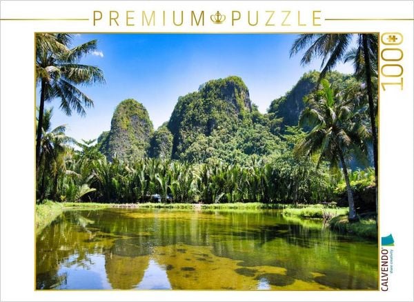 CALVENDO Puzzle Karstlandschaft Ramang Ramang - wo Felsen wie vergessene Kathedralen aus dem Wasser steigen | 1000 Teile Lege-Größe 64x48cm Foto-Puzzle für glückliche Stunden