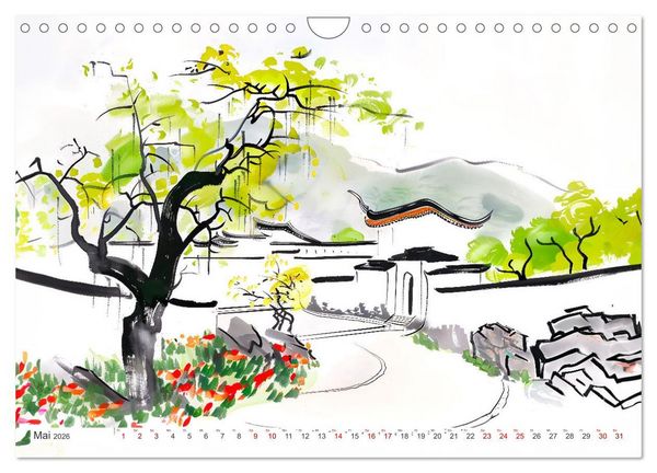 Produktbild: Fernost Impressionen - Tempel und Landschaften in KI-Tuschekunst (Wandkalender 2026 DIN A4 quer), CALVENDO Monatskalender