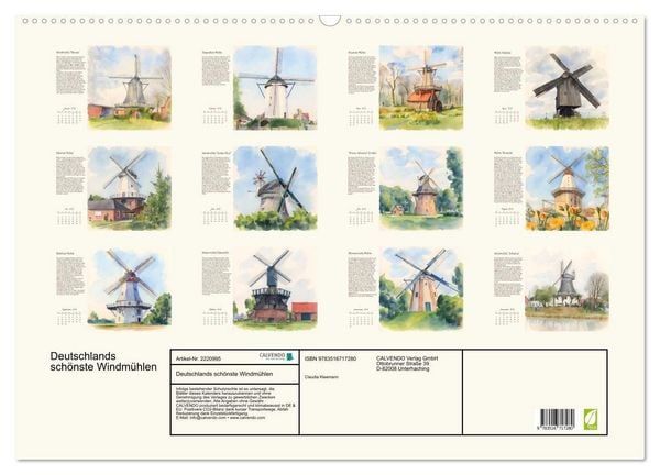 Produktbild: Deutschlands sch&ouml;nste Windm&uuml;hlen (Wandkalender 2026 DIN A2 quer), CALVENDO Monatskalender