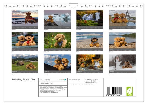 Produktbild: Travelling Teddy 2026 (Wandkalender 2026 DIN A4 quer), CALVENDO Monatskalender