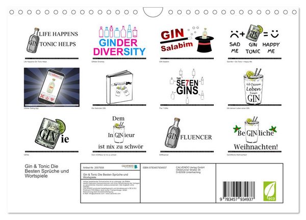 Produktbild: Gin & Tonic Die Besten Spr&uuml;che und Wortspiele (Wandkalender 2026 DIN A4 quer), CALVENDO Monatskalender