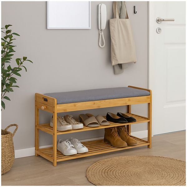 HTI-Living Schuhbank Ilian mit Schubfach Grau Bambus Schuhbank Ilian mit Schubfach Grau Bambus