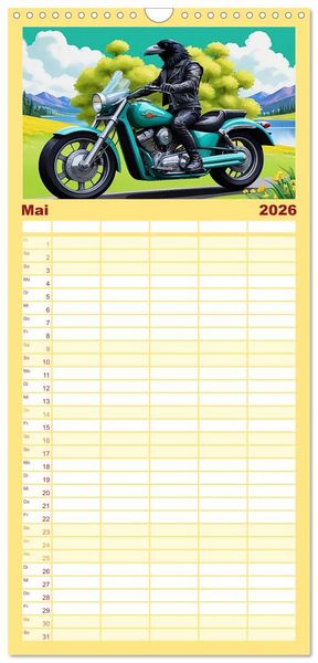 Produktbild: Familienplaner 2026 - Tierische Motorradfahrer mit 5 Spalten (Wandkalender, 21 x 45 cm) CALVENDO