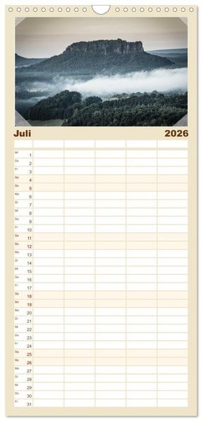 Produktbild: Familienplaner 2026 - S&auml;chsische Schweiz mit 5 Spalten (Wandkalender, 21 x 45 cm) CALVENDO