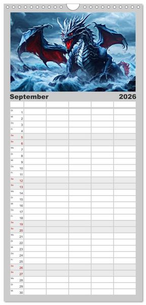 Produktbild: Familienplaner 2026 - Drachen - Gef&uuml;rchtete, aber nicht immer b&ouml;se Fabelwesen mit 5 Spalten (Wandkalender, 21 x 45 cm) CALVENDO