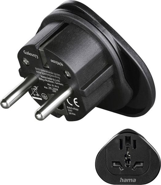 Produktbild: Hama 00223454 Reiseadapter Reiseadapter Typ E und F, 3-polig, universal, Welt nach Europa, Schwarz