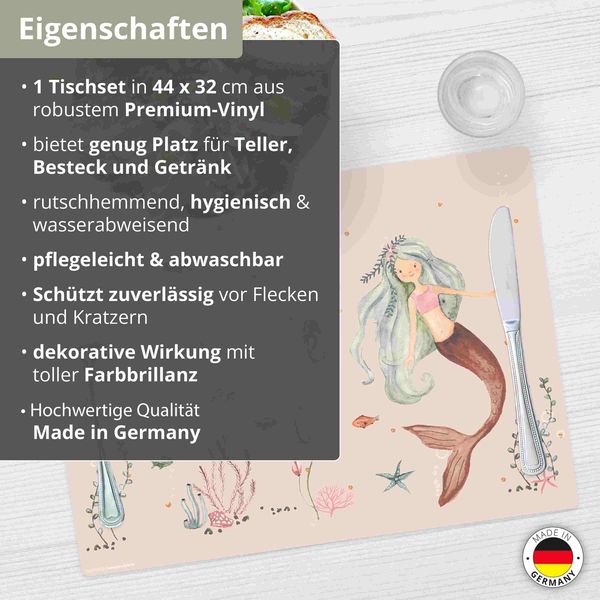 Produktbild: Tischsetmacher Tischset f&uuml;r Kinder Meerjungfrau im rosa Meer, aus hochwertigem Vinyl , 44 x 32 cm