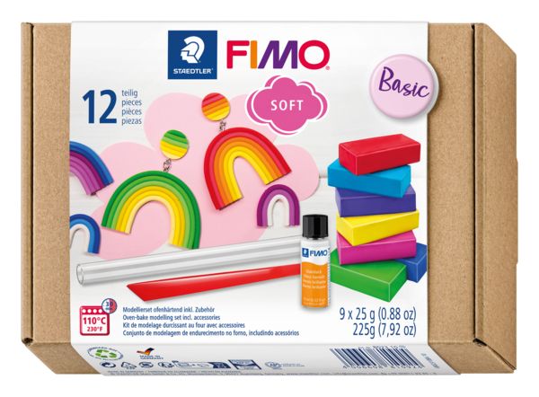 Produktbild: STAEDTLER FIMO soft 8023, ofenh&auml;rtende Modelliermasse Basic Set, 9 Halbbl&ouml;cken 25 g, Glanzlack + Modellierwerkzeug