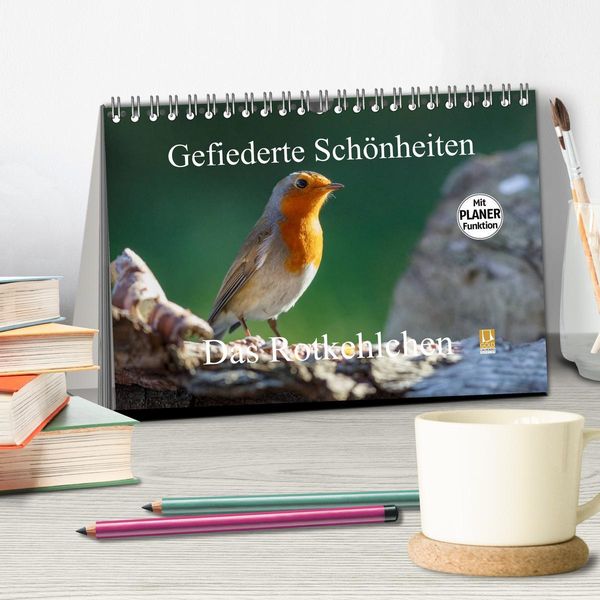 Produktbild: Gefiederte Sch&ouml;nheiten - Das Rotkehlchen / Planer (Tischkalender 2026 DIN A5 quer), CALVENDO Monatskalender