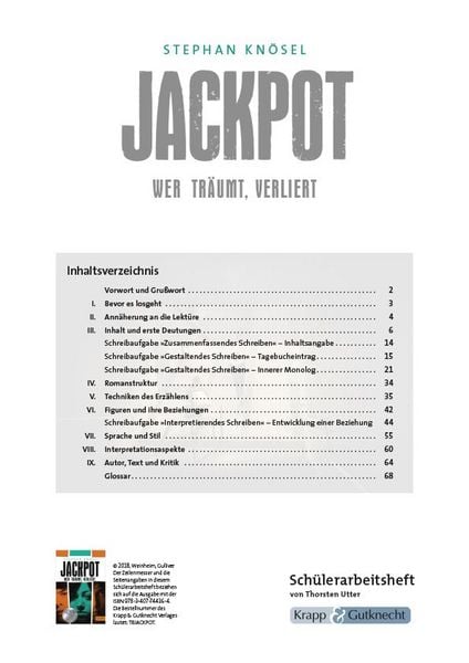 Produktbild: Jackpot &ndash; Wer tr&auml;umt, verliert &ndash; Stephan Kn&ouml;sel &ndash; Sch&uuml;lerarbeitsheft