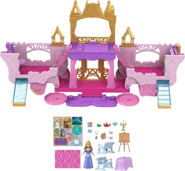 Produktbild: Disney Prinzessin Verwandlungs-Spielset Kutsche zu Schloss mit kleiner Aurora-Puppe, 4 Figuren und 3 Ebenen