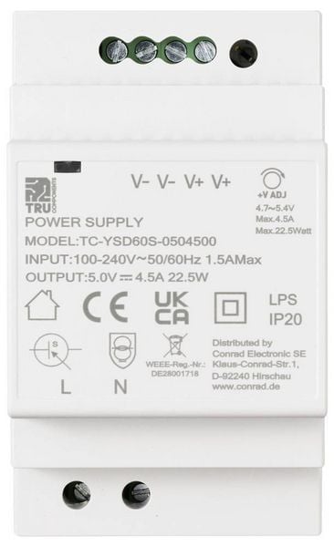 Produktbild: TRU COMPONENTS TC-13710876 Hutschienen-Netzteil (DIN-Rail) Verbrauch (StandBy) 0.3 W 5 V/DC 4.5 A 22.5 W Anzahl Ausg&auml;nge:1 x Inhalt 1 St.