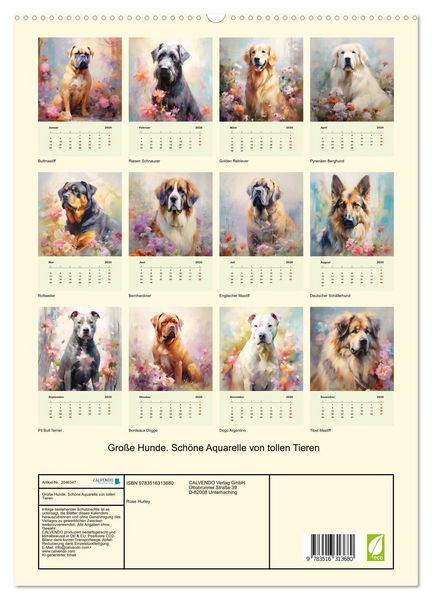 Produktbild: Gro&szlig;e Hunde. Sch&ouml;ne Aquarelle von tollen Tieren (hochwertiger Premium Wandkalender 2026 DIN A2 hoch), Kunstdruck in Hochglanz