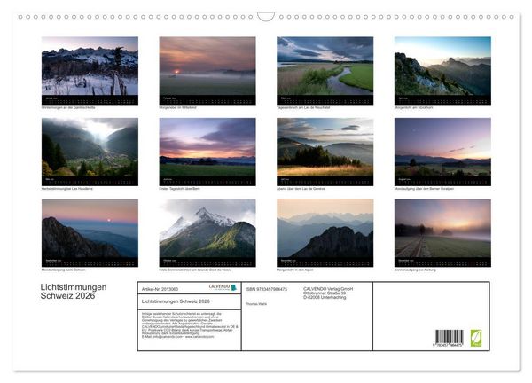 Produktbild: Lichtstimmungen Schweiz 2026 (Wandkalender 2026 DIN A2 quer), CALVENDO Monatskalender