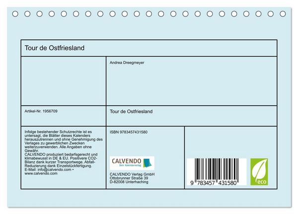 Produktbild: Tour de Ostfriesland (Tischkalender 2026 DIN A5 quer), CALVENDO Monatskalender