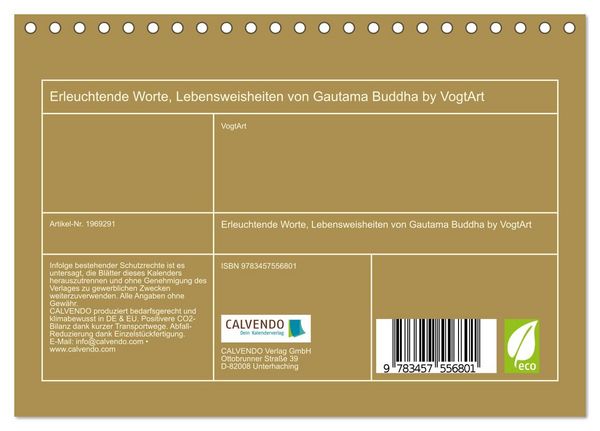Produktbild: Erleuchtende Worte, Lebensweisheiten von Gautama Buddha by VogtArt (Tischkalender 2026 DIN A5 quer), CALVENDO Monatskalender