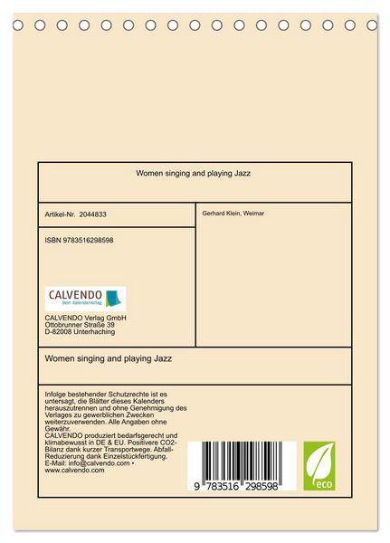 Produktbild: Women singing and playing Jazz (Tischkalender 2026 DIN A5 hoch), CALVENDO Monatskalender