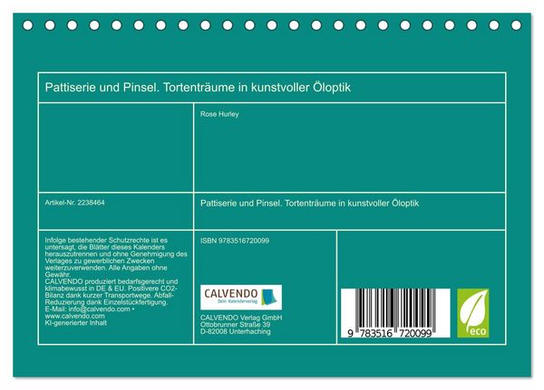Produktbild: Pattiserie und Pinsel. Tortentr&auml;ume in kunstvoller &Ouml;loptik (Tischkalender 2026 DIN A5 quer), CALVENDO Monatskalender