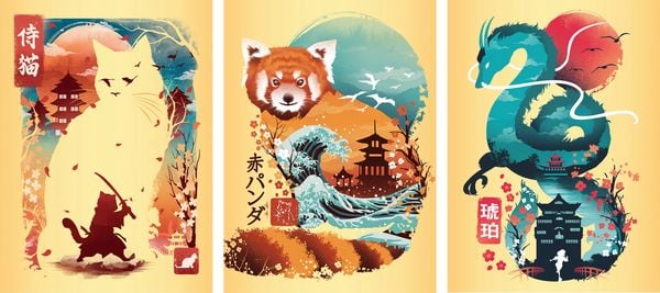 Produktbild: Minipuzzle-Trio 100 Teile - Ukiyo-e Katzenkrieger, Roter Panda & Drache