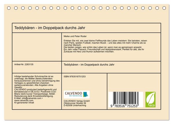 Produktbild: Teddyb&auml;ren - im Doppelpack durchs Jahr (Tischkalender 2027 DIN A5 quer), CALVENDO Monatskalender