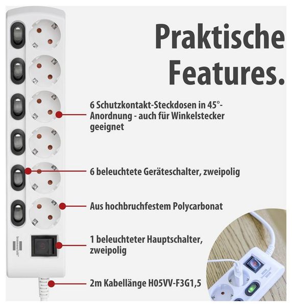 Produktbild: Brennenstuhl 1153110126 Steckdosenleiste mit Schalter Wei&szlig; Schutzkontakt 1 St.