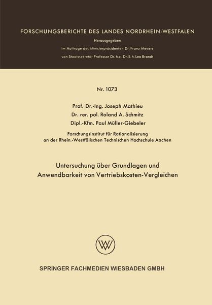 Produktbild: Untersuchung &uuml;ber Grundlagen und Anwendbarkeit von Vertriebskosten-Vergleichen