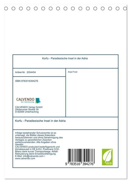 Produktbild: Korfu - Paradiesische Insel in der Adria (Tischkalender 2026 DIN A5 hoch), CALVENDO Monatskalender