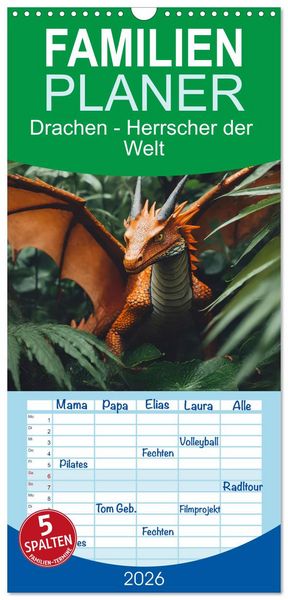 Produktbild: Familienplaner 2026 - Drachen - Herrscher der Welt mit 5 Spalten (Wandkalender, 21 x 45 cm) CALVENDO