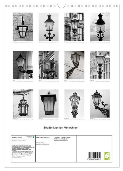 Produktbild: Stra&szlig;enlaternen Monochrom (Wandkalender 2026 DIN A3 hoch), CALVENDO Monatskalender