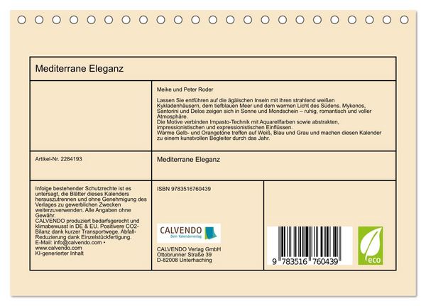 Produktbild: Mediterrane Eleganz (Tischkalender 2027 DIN A5 quer), CALVENDO Monatskalender