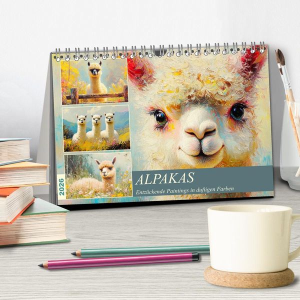 Produktbild: Alpakas. Entz&uuml;ckende Paintings in duftigen Farben (Tischkalender 2026 DIN A5 quer), CALVENDO Monatskalender
