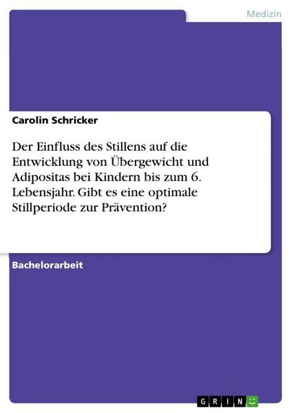 Produktbild: Der Einfluss des Stillens auf die Entwicklung von &Uuml;bergewicht und Adipositas bei Kindern bis zum 6. Lebensjahr. Gibt es eine optimale Stillperiode zur Pr&auml;vention?