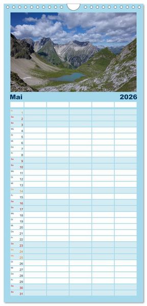 Produktbild: Familienplaner 2026 - Zauber der Berge mit 5 Spalten (Wandkalender, 21 x 45 cm) CALVENDO
