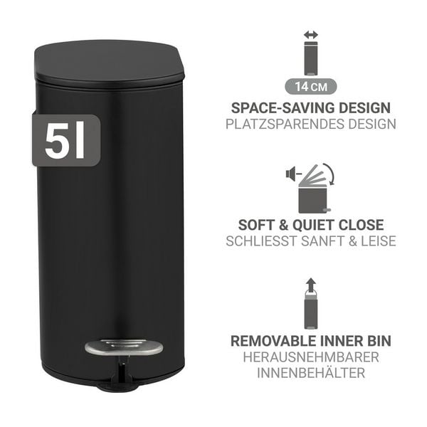 Produktbild: Kosmetikeimer Mod. Collungo, 5L, schwarz, Metall, 14x28,5x29,5 cm, easy-close Absenkautomatik