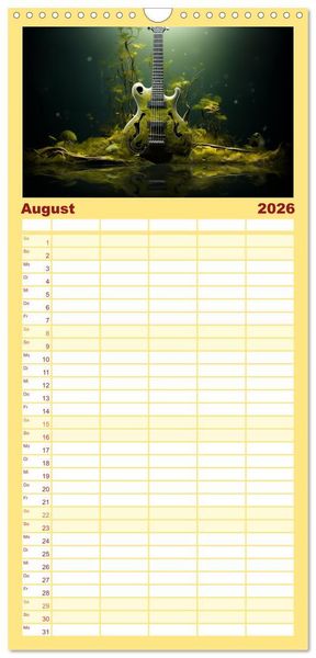 Produktbild: Familienplaner 2026 - Sechs Saiten, Zw&ouml;lf Monate - Der Gitarrenkalender mit 5 Spalten (Wandkalender, 21 x 45 cm) CALVENDO