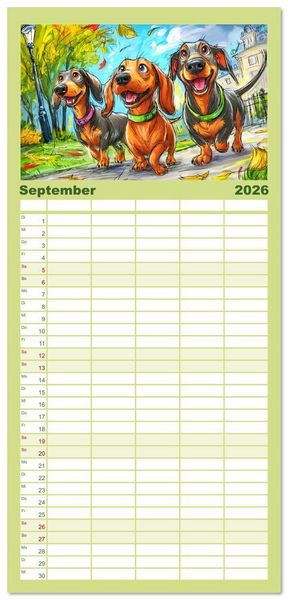 Produktbild: Familienplaner 2026 - Dackel Fun. Zauberhafte Hunde Cartoons f&uuml;rs Herz mit 5 Spalten (Wandkalender, 21 x 45 cm) CALVENDO
