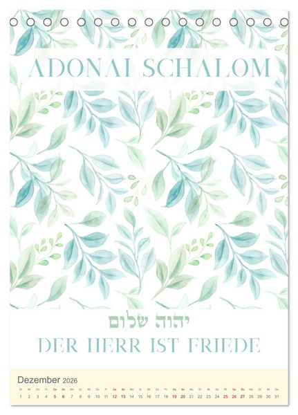 Produktbild: Hebr&auml;ische Namen Gottes aus der Torah (Tischkalender 2026 DIN A5 hoch), CALVENDO Monatskalender