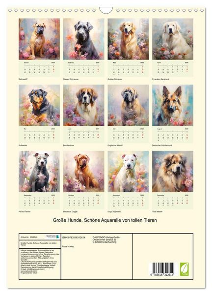 Produktbild: Gro&szlig;e Hunde. Sch&ouml;ne Aquarelle von tollen Tieren (Wandkalender 2026 DIN A3 hoch), CALVENDO Monatskalender