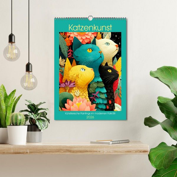 Produktbild: Katzenkunst. K&uuml;nstlerische Paintings im modernen Folk-Stil (Wandkalender 2026 DIN A3 hoch), CALVENDO Monatskalender