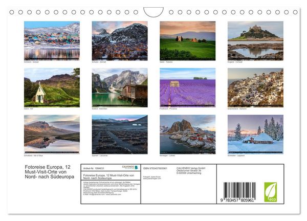 Produktbild: Fotoreise Europa, 12 Must-Visit-Orte von Nord- nach S&uuml;deuropa (Wandkalender 2026 DIN A4 quer), CALVENDO Monatskalender
