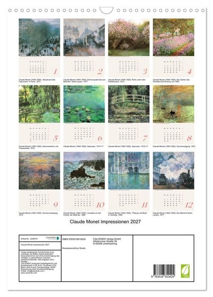 Produktbild: Claude Monet Impressionen 2027 (Wandkalender 2027 DIN A3 hoch), CALVENDO Monatskalender