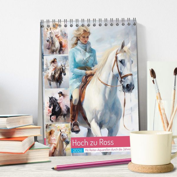 Produktbild: Hoch zu Ross. Mit Reiter-Aquarellen durch die Jahreszeiten (Tischkalender 2026 DIN A5 hoch), CALVENDO Monatskalender