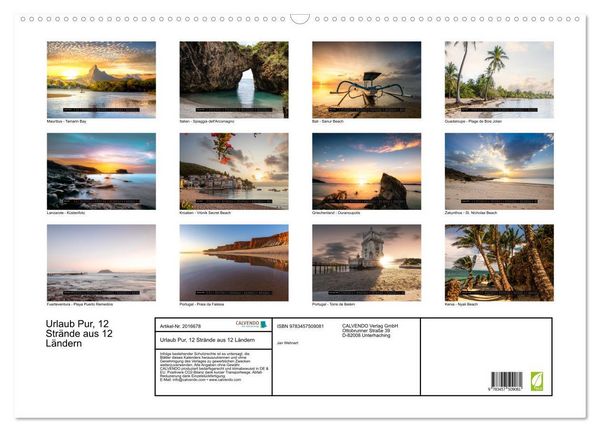 Produktbild: Urlaub Pur, 12 Str&auml;nde aus 12 L&auml;ndern (Wandkalender 2026 DIN A2 quer), CALVENDO Monatskalender