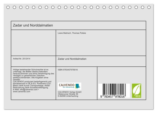 Produktbild: Zadar und Norddalmatien (Tischkalender 2026 DIN A5 quer), CALVENDO Monatskalender