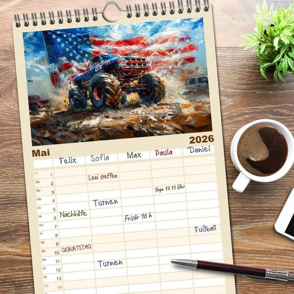Produktbild: Familienplaner 2026 - Wilde Monstertrucks mit 5 Spalten (Wandkalender, 21 x 45 cm) CALVENDO