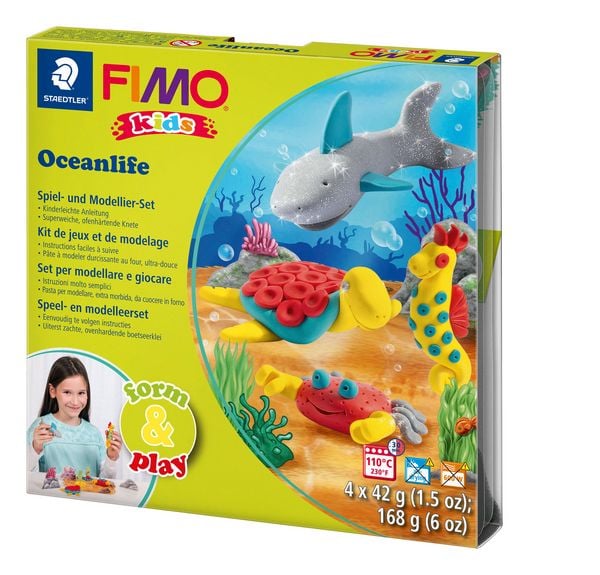 Produktbild: STAEDTLER FIMO kids 8034, ofenh&auml;rtende Modelliermasse, Set Oceanlife mit 4 Bl&ouml;cken 42 g, Modellierstab
