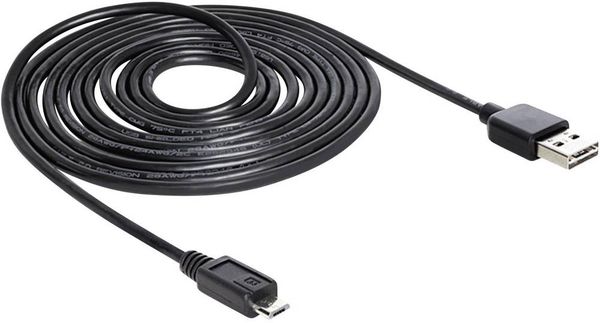 Produktbild: Delock USB-Kabel USB 2.0 USB-A Stecker, USB-Micro-B Stecker 5.00m Schwarz beidseitig verwendbarer Stecker, vergoldete